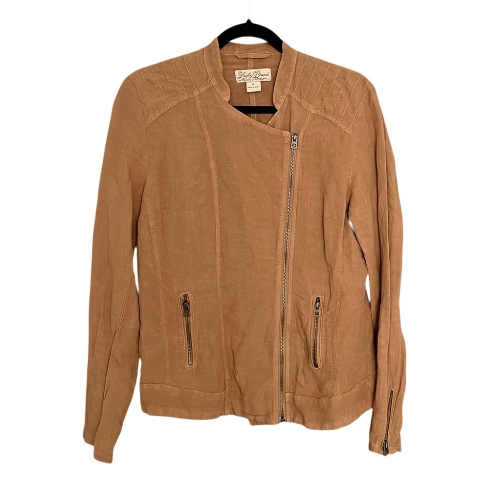 LUCKY BRAND Linen Blend Asymmetrical Moto Jacket Camel M